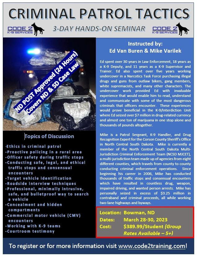 POSTPONED Bowman, ND Criminal Patrol Tactics (3Day Handson)